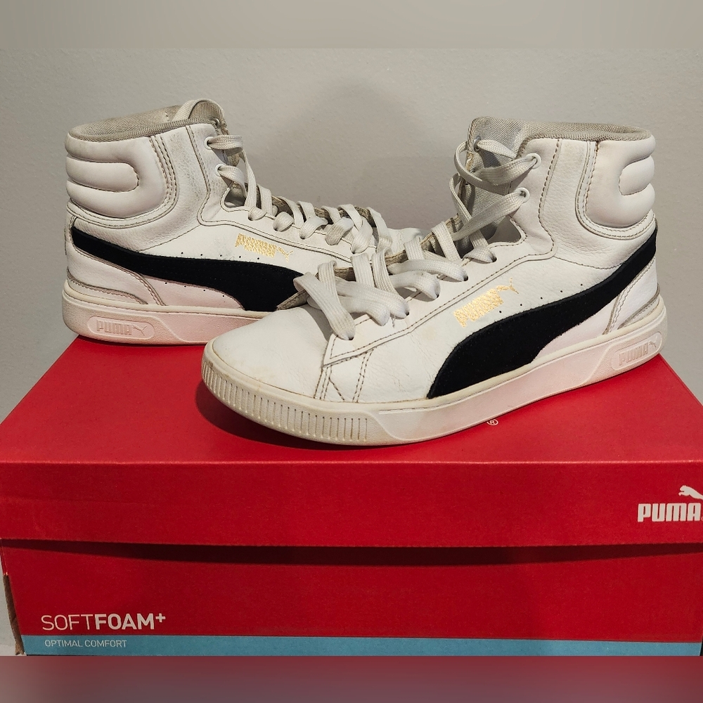 Puma White and Black High-Tops with Gold Accents